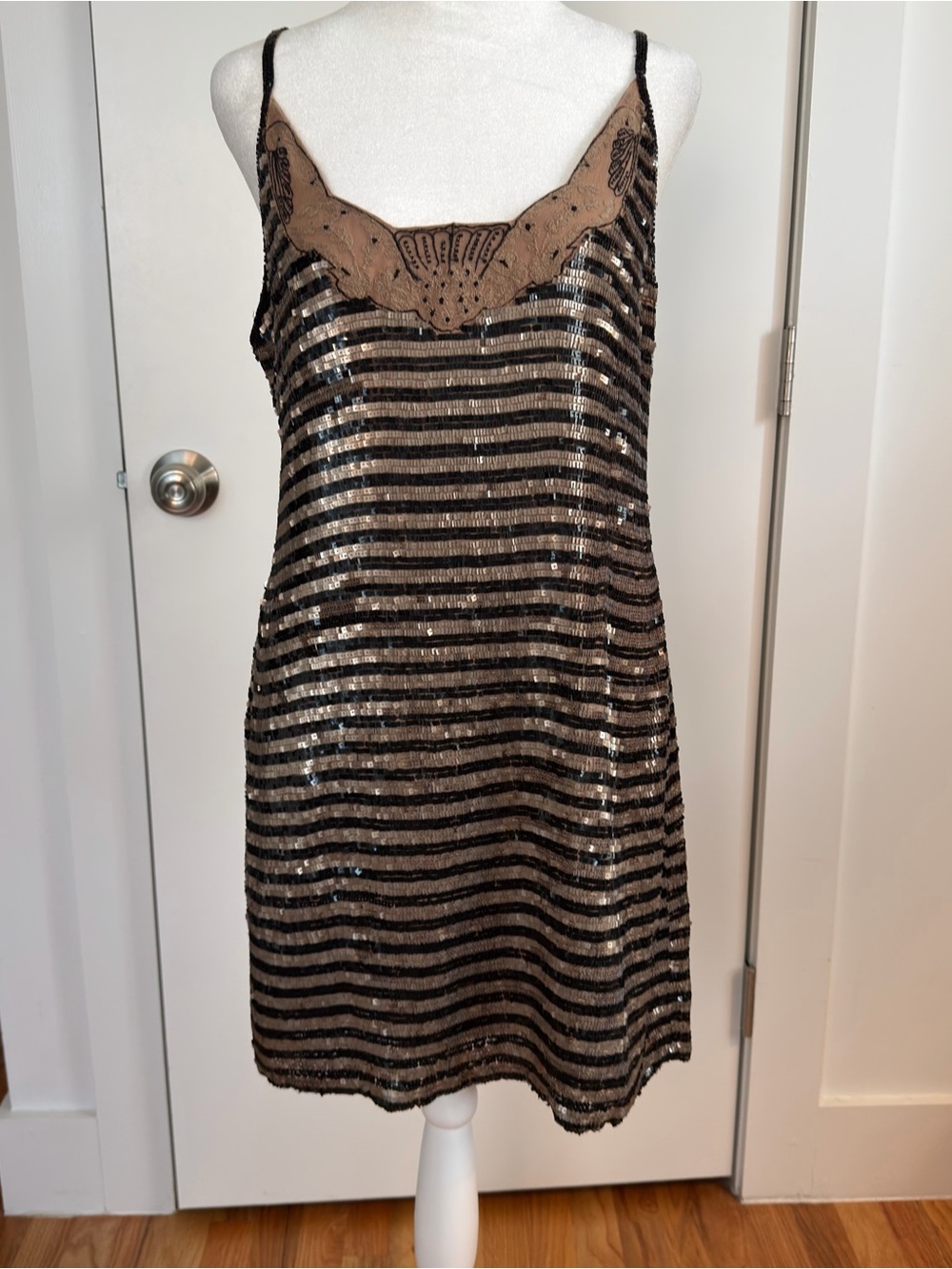 Striped Sequin Slip Mini Dress in Black and Brown